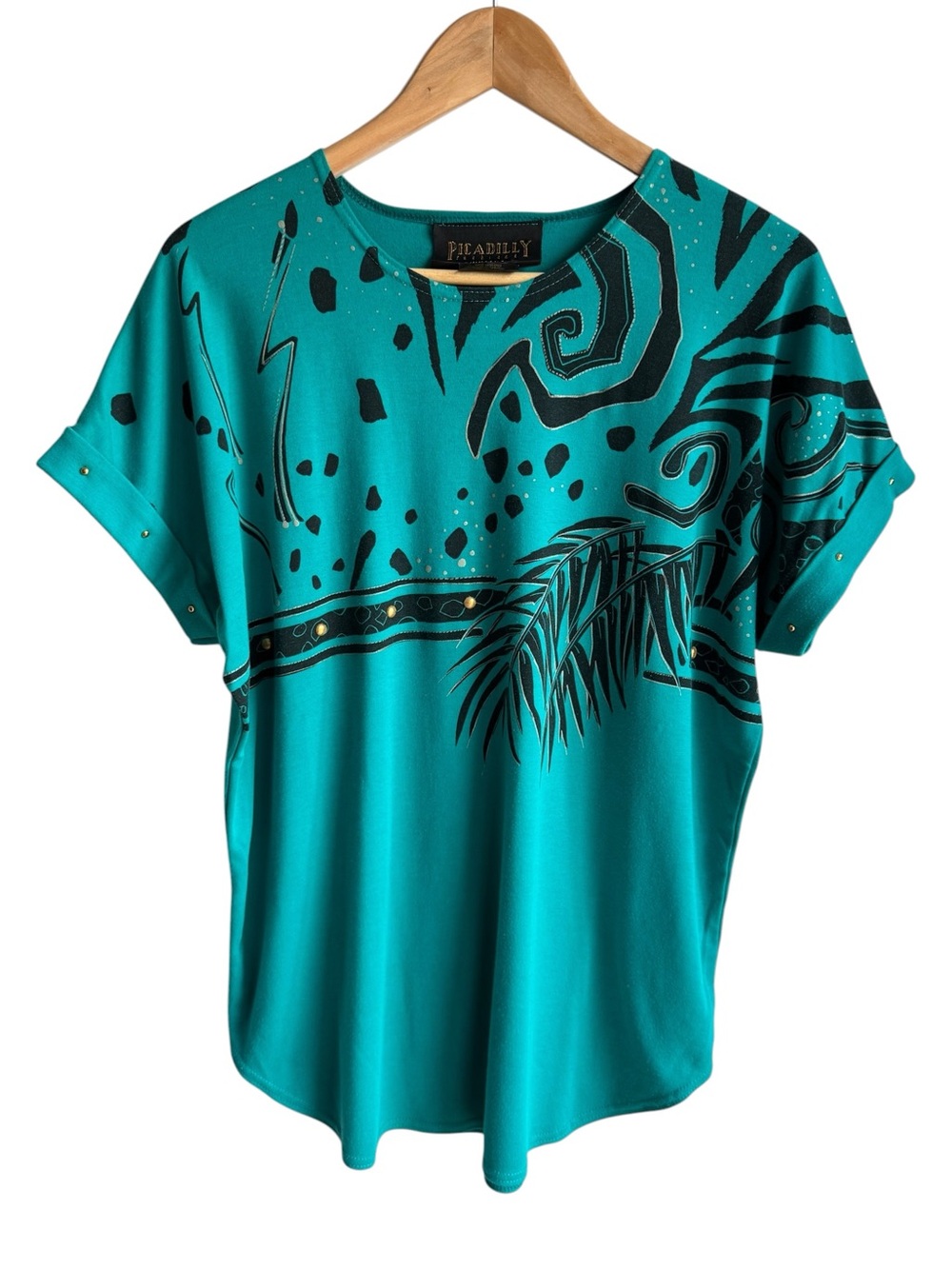 Vintage 80s 90s Artsy Graphic Shirt Womens L Turquoise Gold Studded Abstract Top